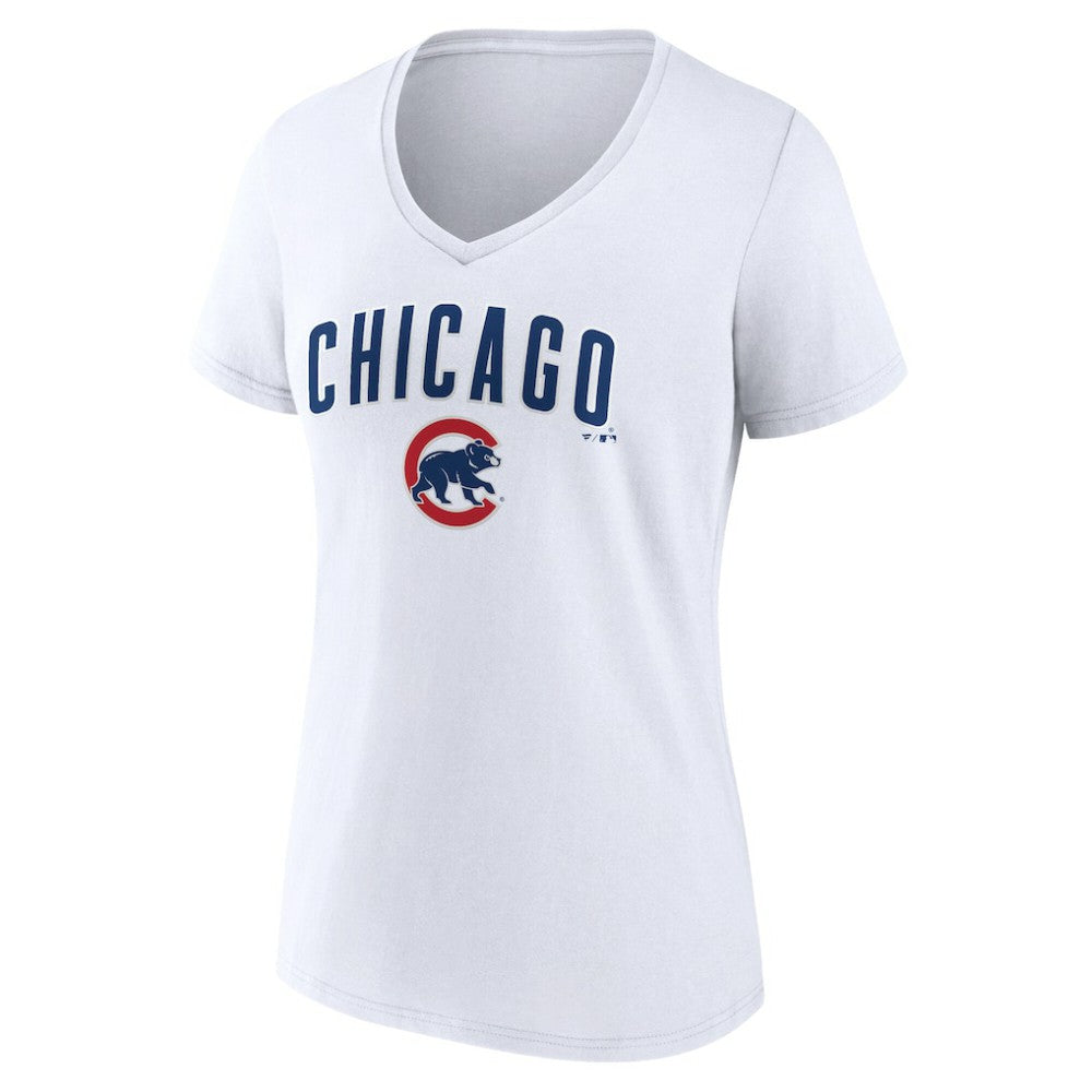 White Chicago Cubs Women's Team Lockup V-Neck T-Shirt