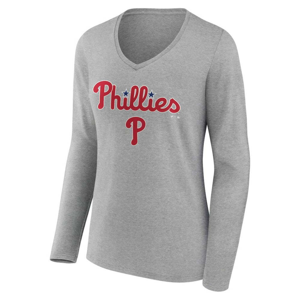 Gray Philadelphia Phillies Women's Team Lockup Long Sleeve V-Neck T-Shirt