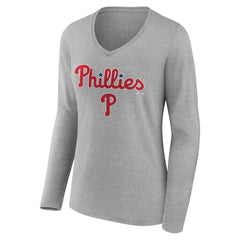 Gray Philadelphia Phillies Women's Team Lockup Long Sleeve V-Neck T-Shirt