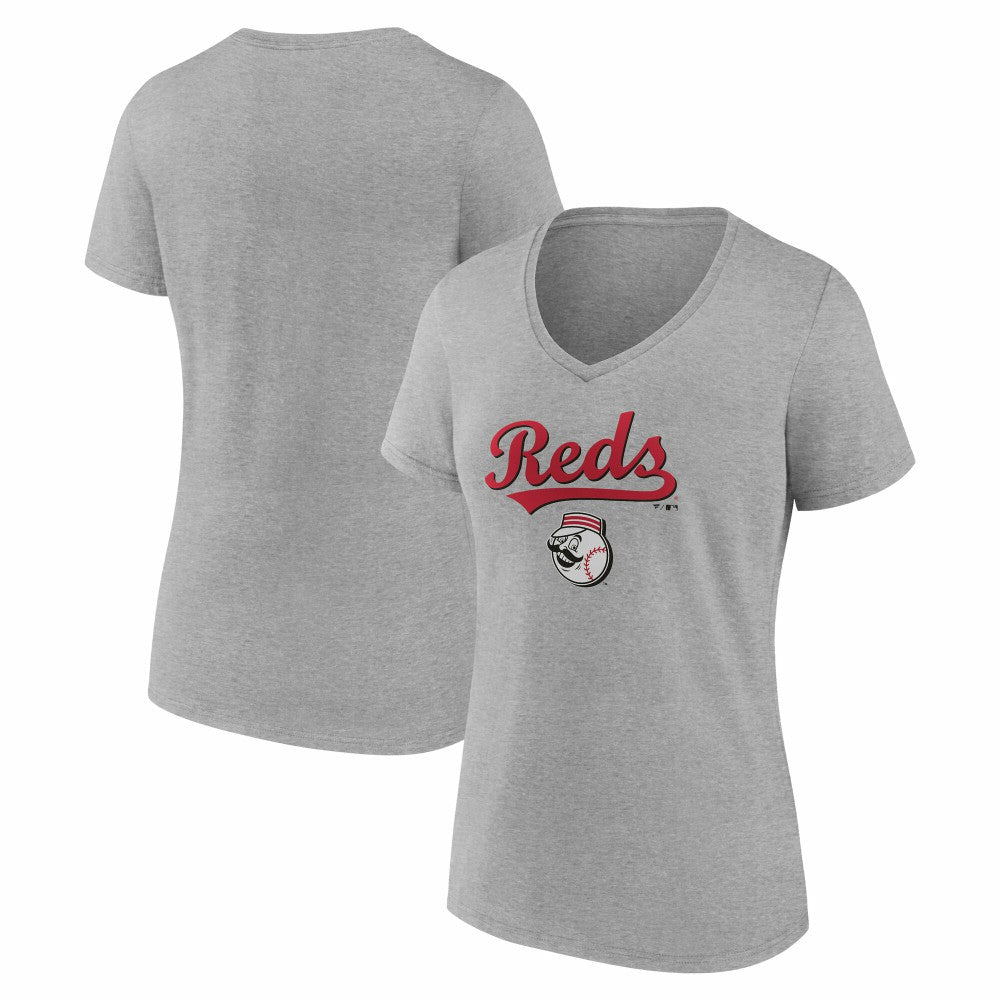 Gray Cincinnati Reds Women's Team Lockup V-Neck T-Shirt