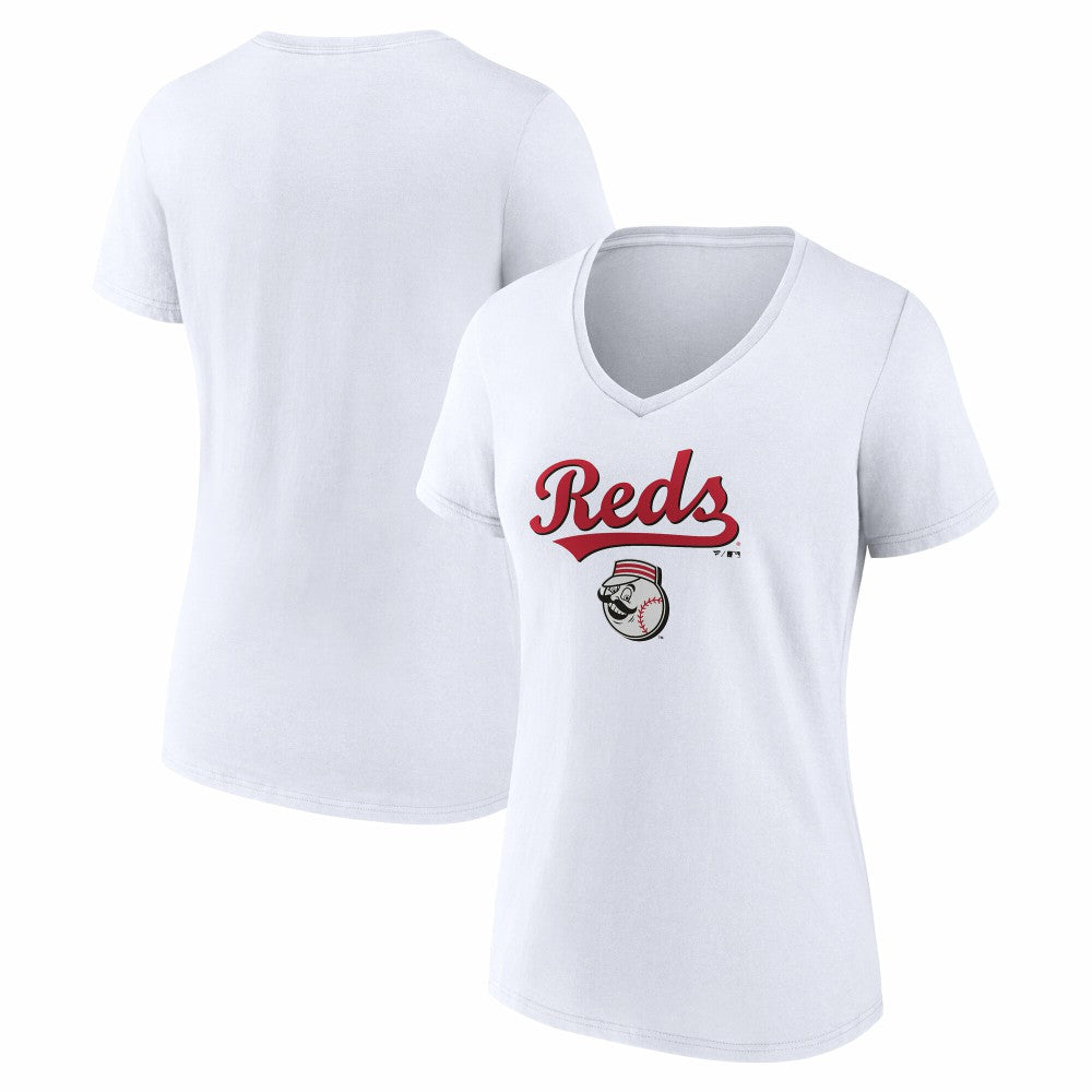 White Cincinnati Reds Women's Team Lockup V-Neck T-Shirt