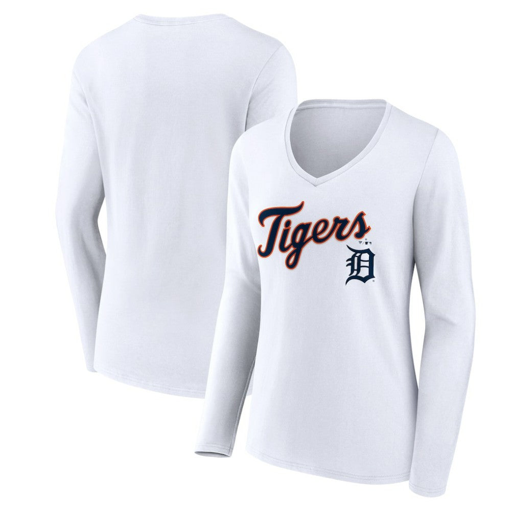 White Detroit Tigers Women's Team Lockup Long Sleeve V-Neck T-Shirt