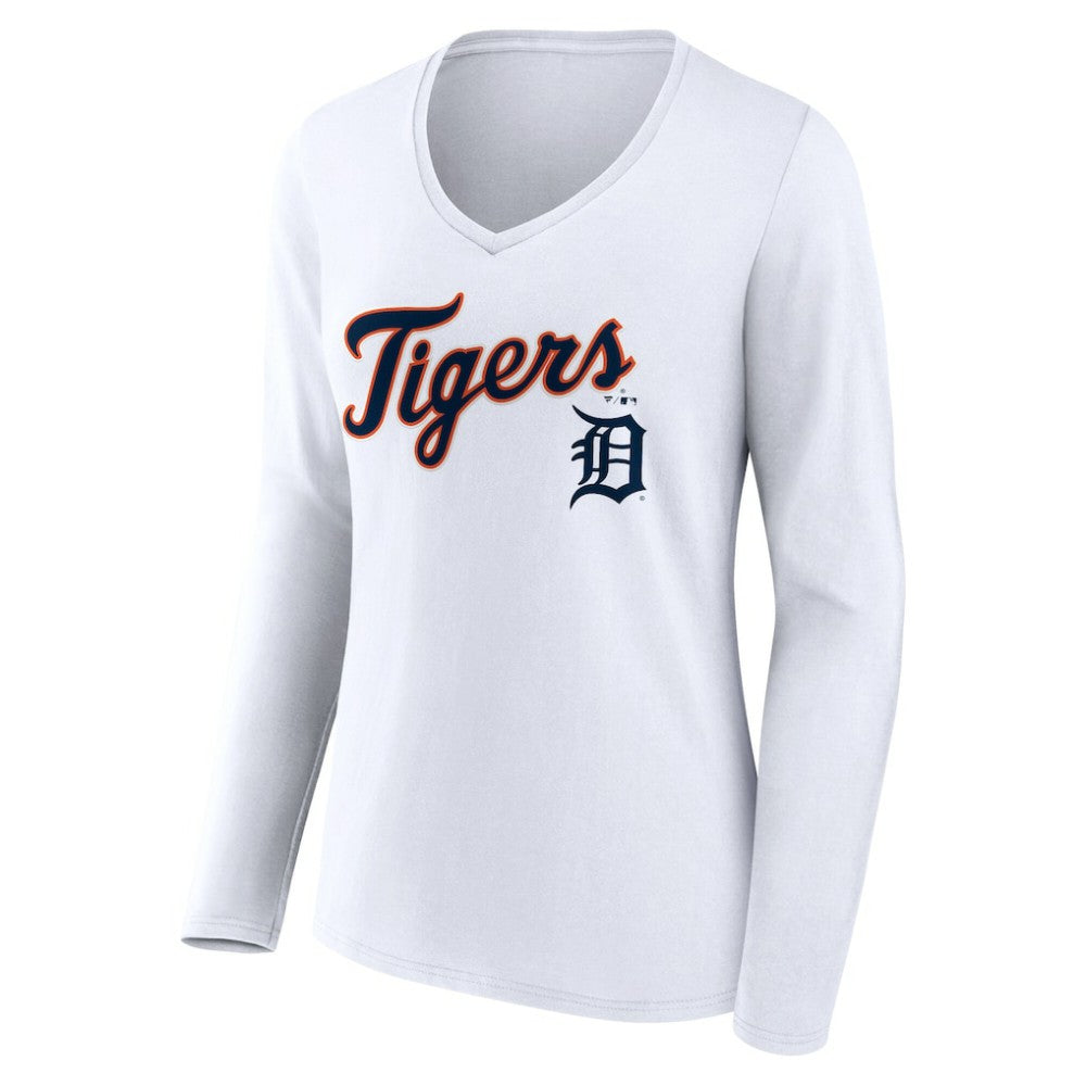 White Detroit Tigers Women's Team Lockup Long Sleeve V-Neck T-Shirt