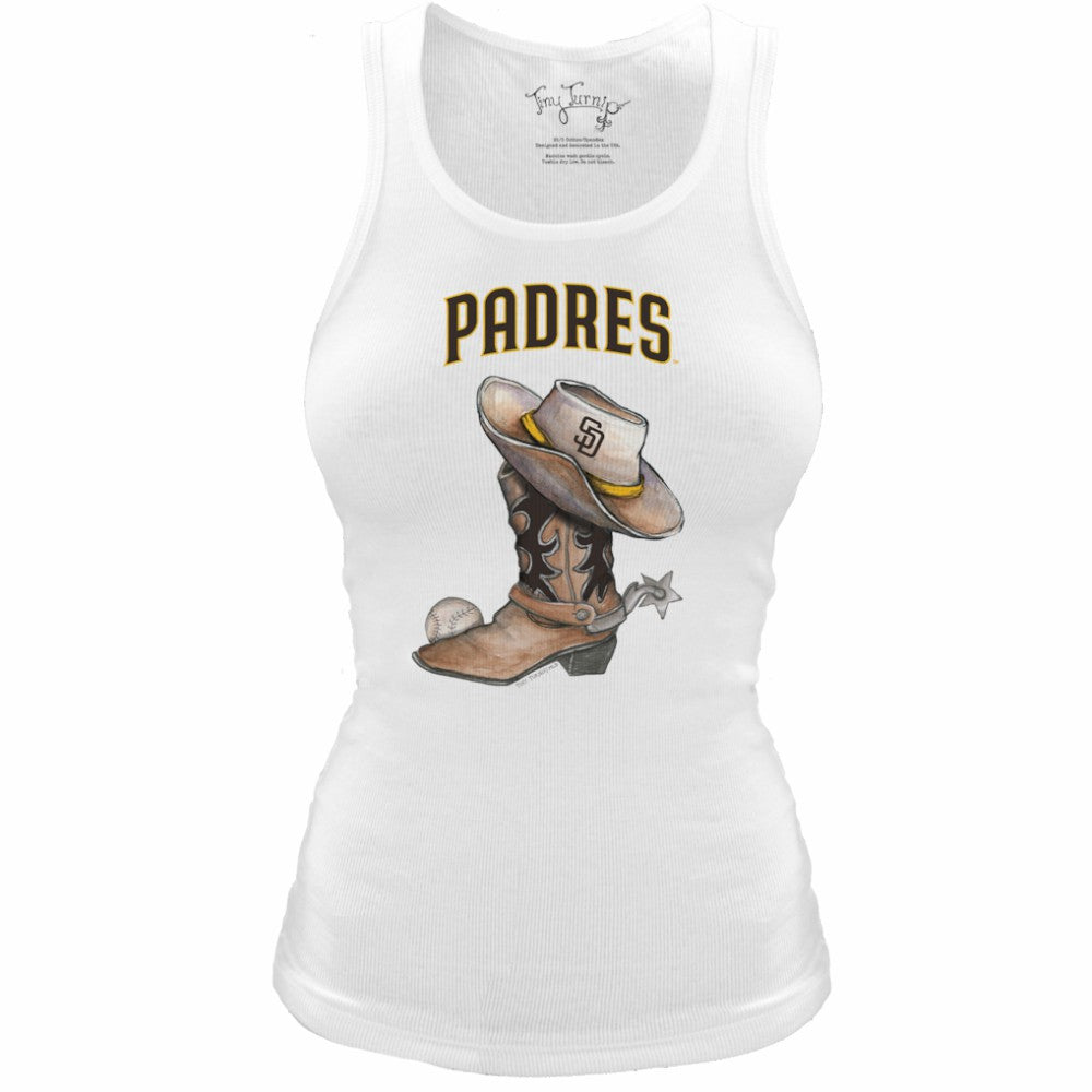 White San Diego Padres Tiny Turnip Women's Fitted Vintage Cowboy Boot Tri-Blend Tank Top