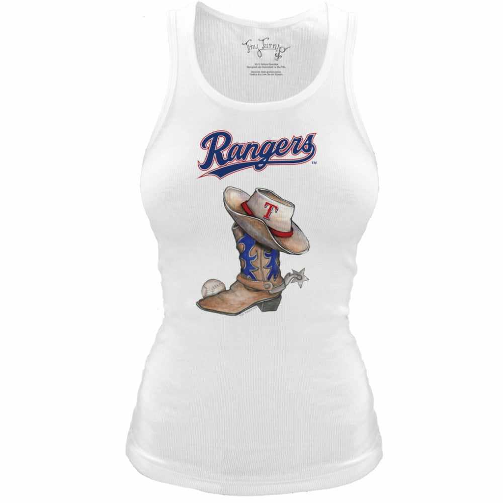 White Texas Rangers Tiny Turnip Women's Fitted Vintage Cowboy Boot Tri-Blend Tank Top