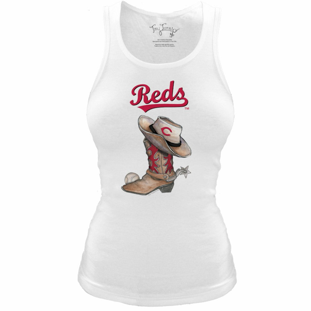 White Cincinnati Reds Tiny Turnip Women's Fitted Vintage Cowboy Boot Tri-Blend Tank Top
