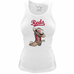White Cincinnati Reds Tiny Turnip Women's Fitted Vintage Cowboy Boot Tri-Blend Tank Top