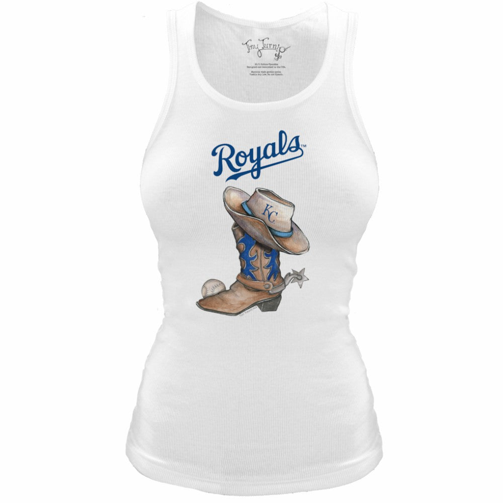 White Kansas City Royals Tiny Turnip Women's Fitted Vintage Cowboy Boot Tri-Blend Tank Top