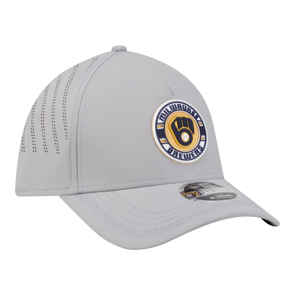 Gray Milwaukee Brewers New Era Patch 39THIRTY A-Frame M-Crown Perforated Flex Hat
