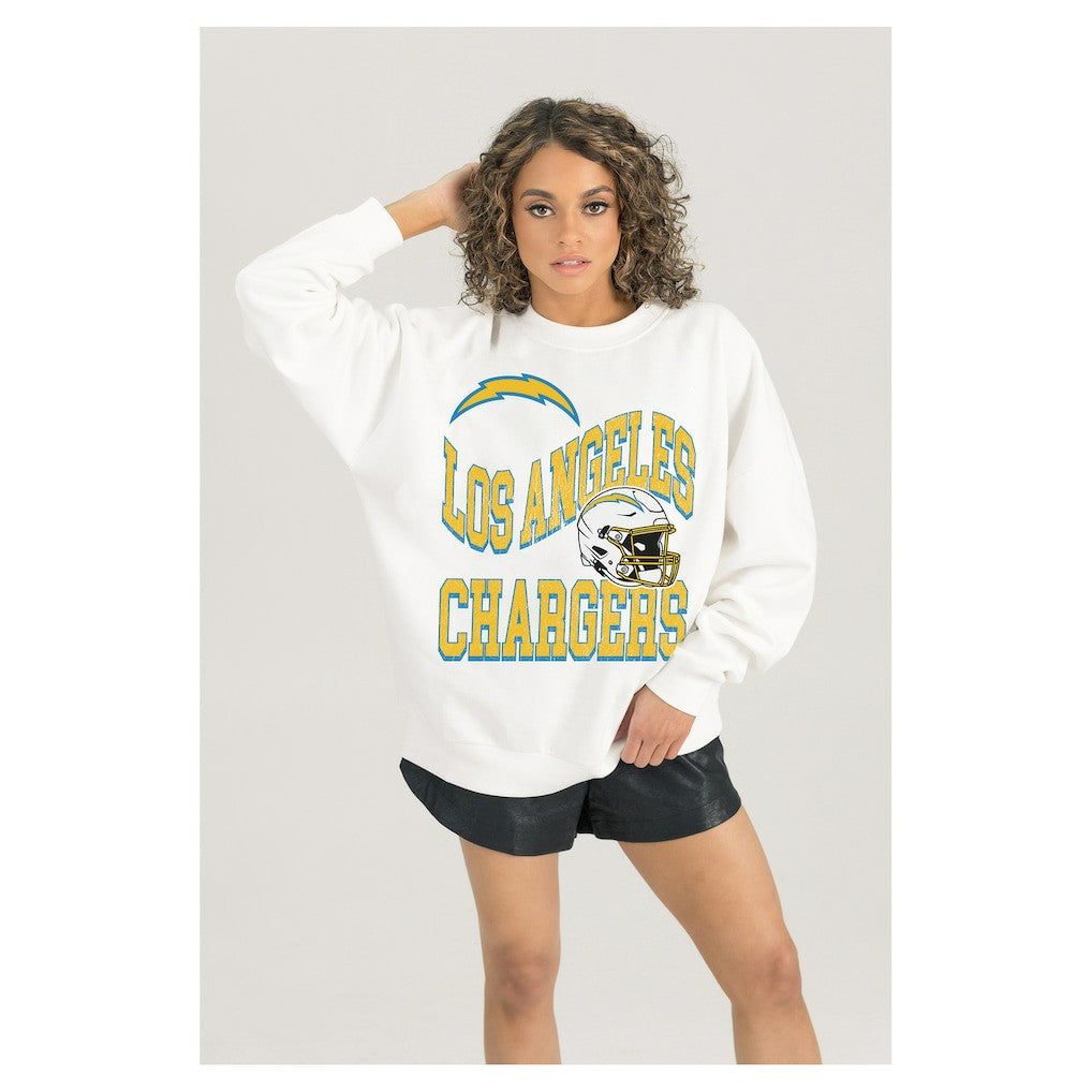 Gameday Couture Women's Oversized Hard Earned Premium Fleece Pullover Sweatshirt - Los Angeles Chargers Pullover