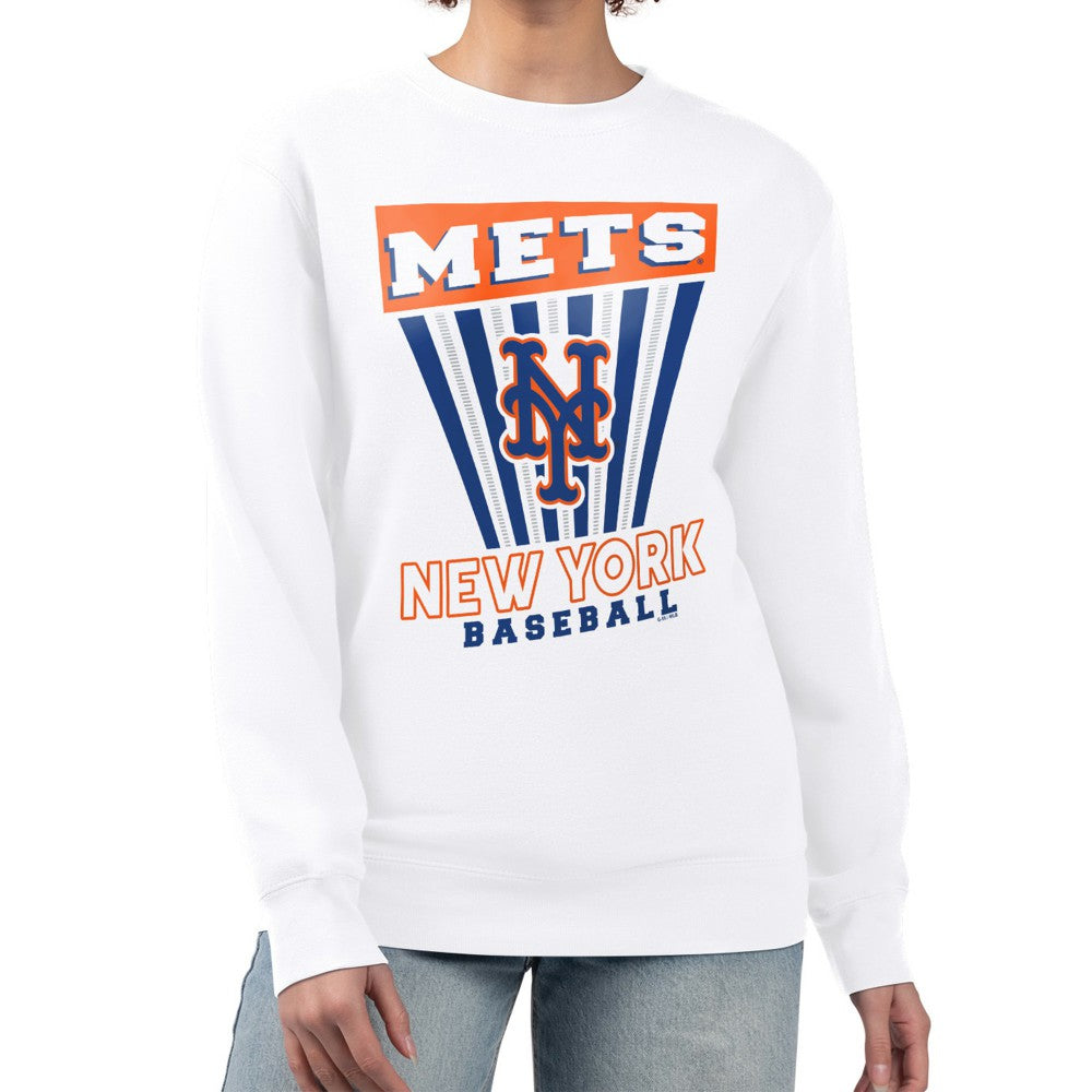 White New York Mets Starter Women's Poster Print Team Fleece Pullover Sweatshirt