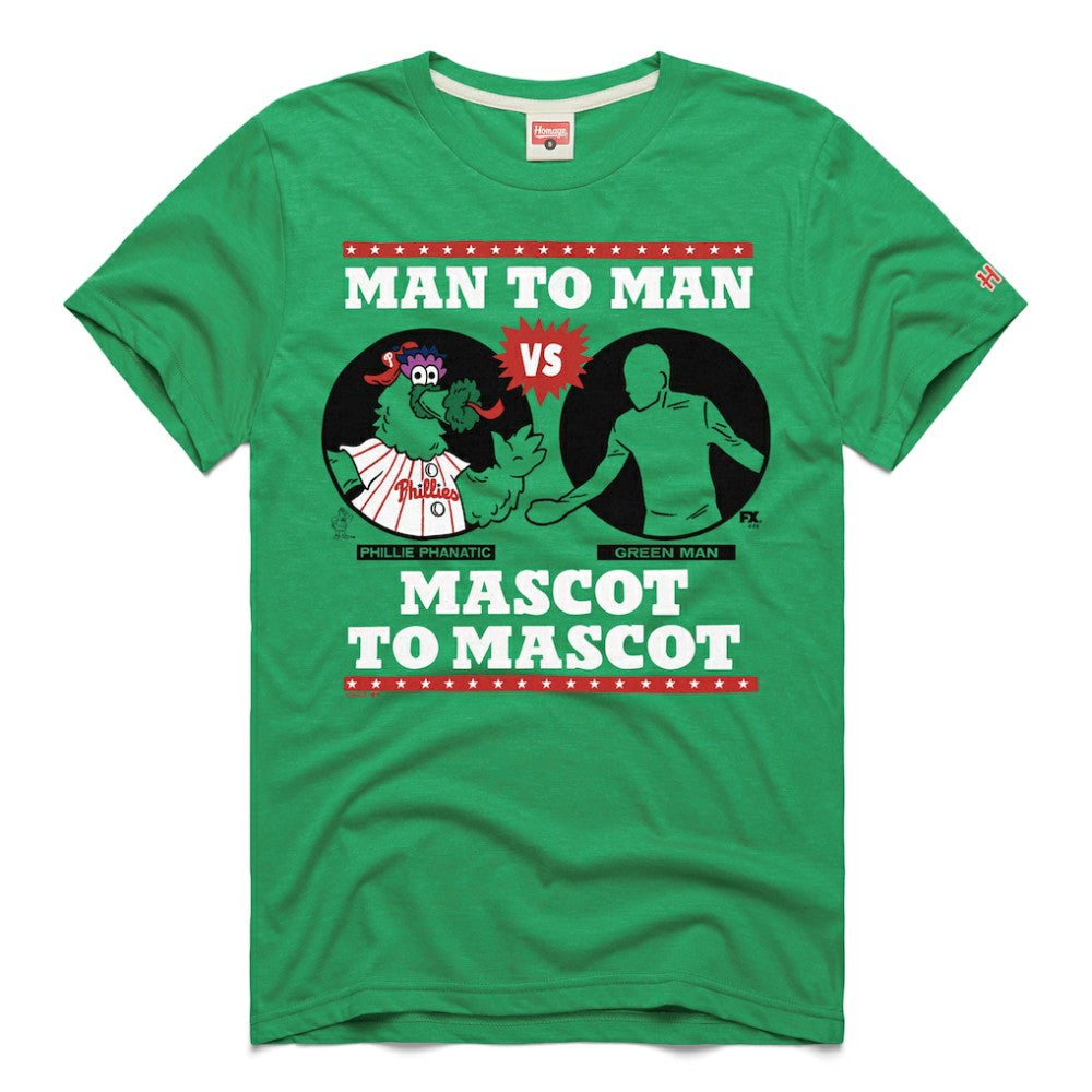 Green Philadelphia Phillies x It's Always Sunny in Philadelphia Homage Male Adult Phillie Phanatic vs Green Man T-Shirt