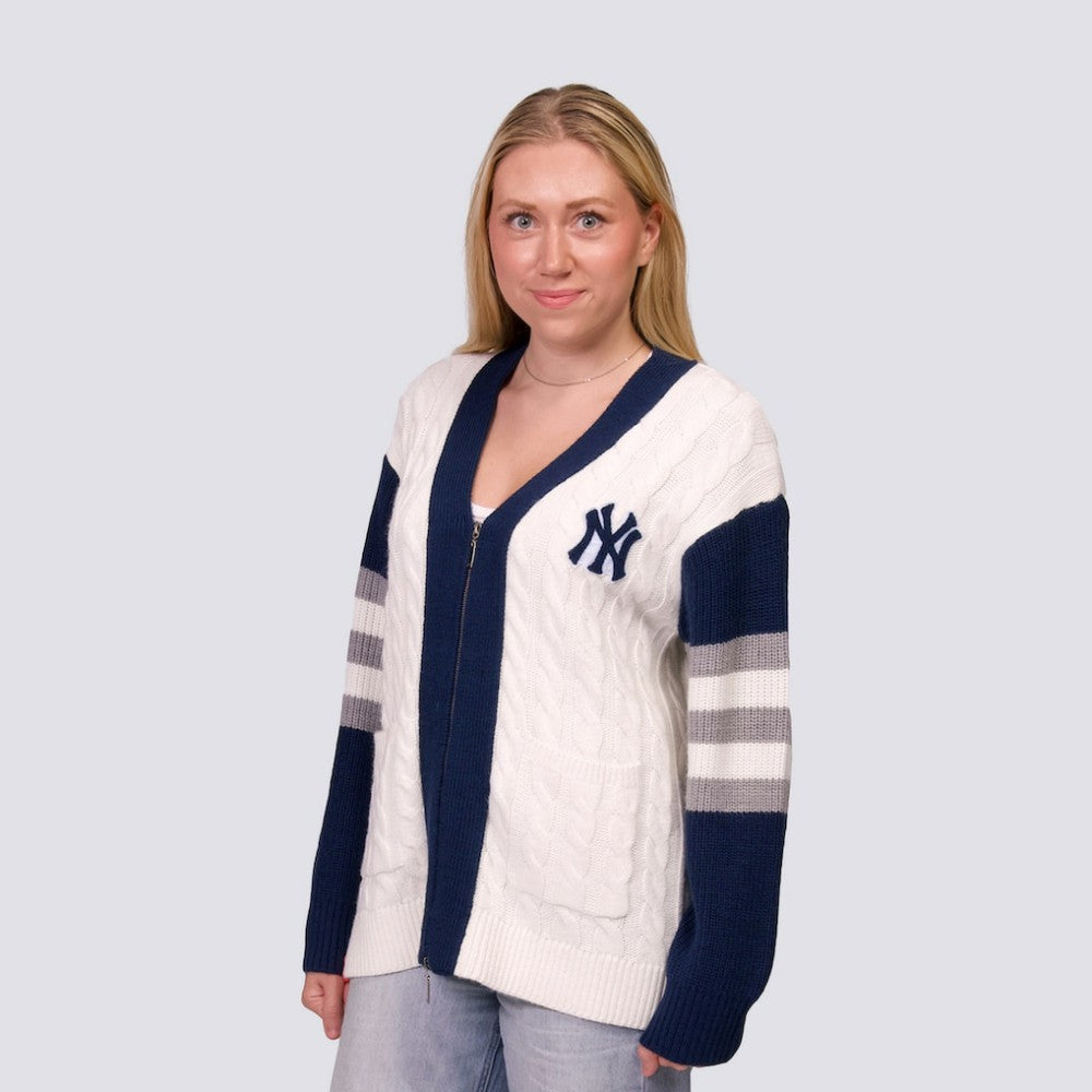 Navy/White New York Yankees Lusso Women's Shyla Knit V-Neck Full-Zip Sweater