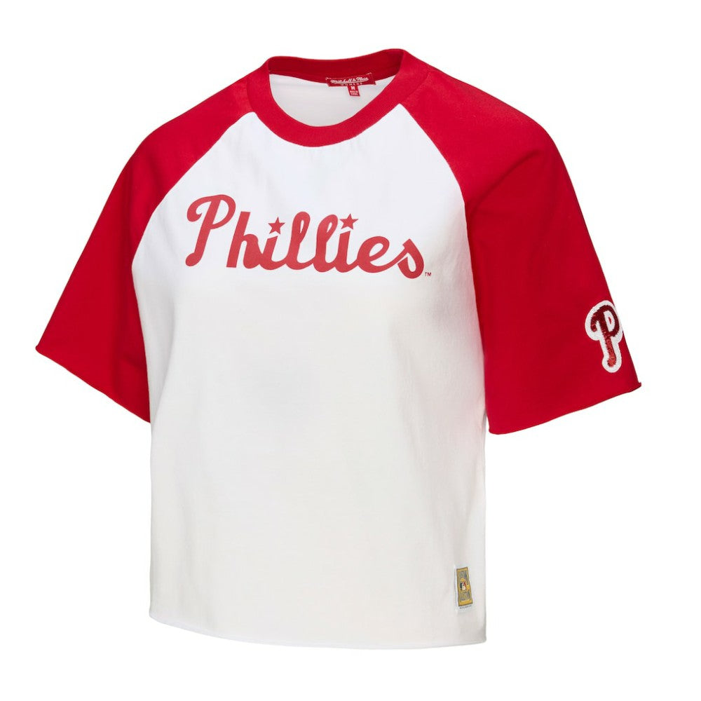 White Philadelphia Phillies Mitchell & Ness Women's Cropped Raglan Boxy T-Shirt