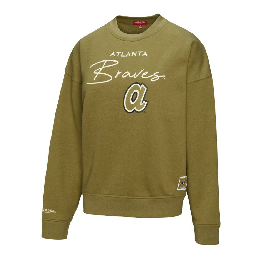 Olive Atlanta Braves Mitchell & Ness Women's Oversized Crewneck Sweatshirt