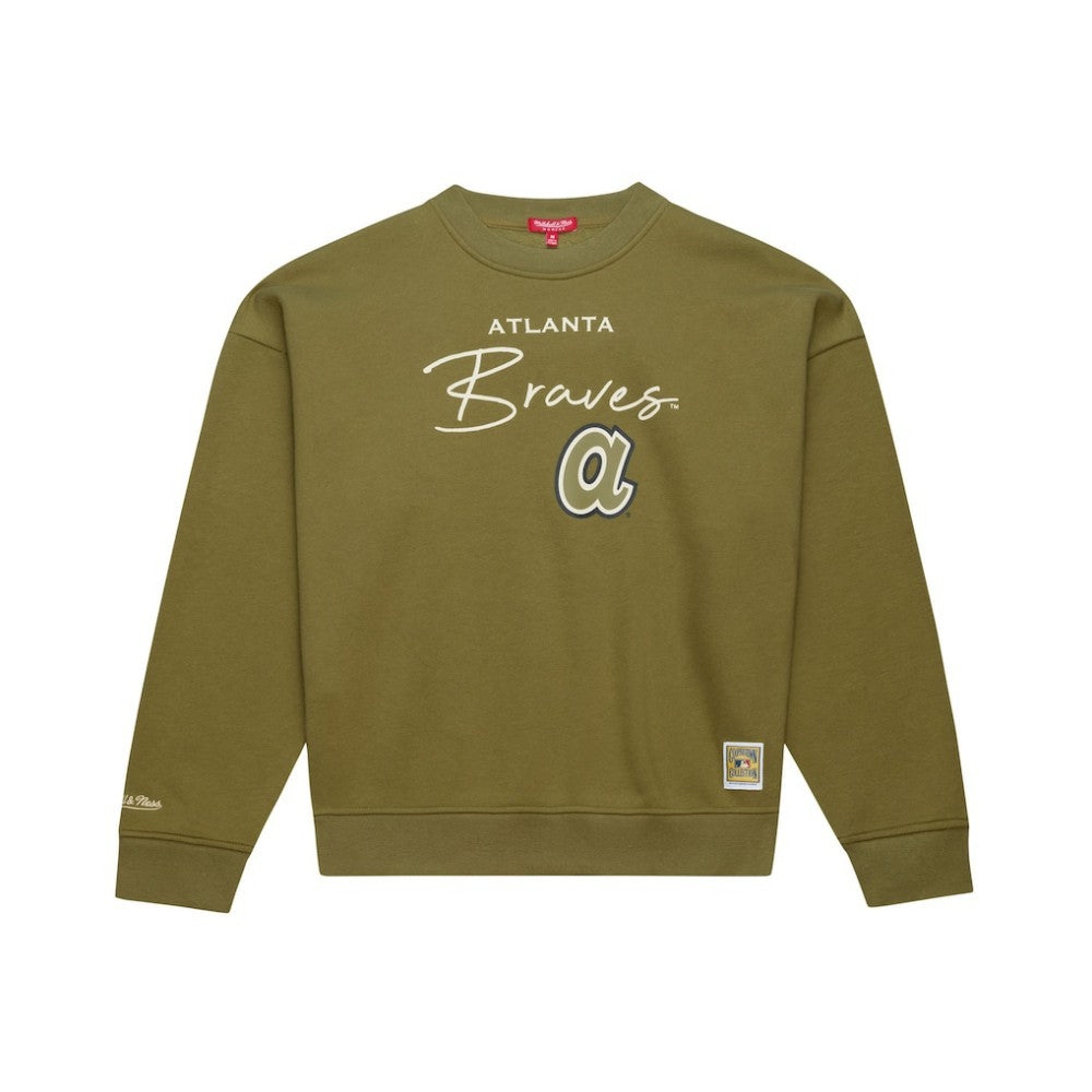 Olive Atlanta Braves Mitchell & Ness Women's Oversized Crewneck Sweatshirt