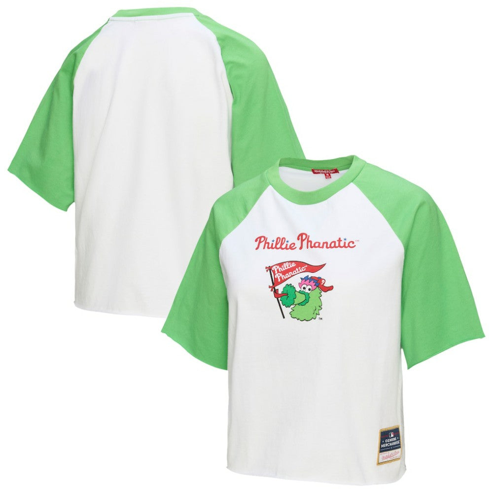 White Philadelphia Phillies Mitchell & Ness Women's Cropped Raglan Mascot Boxy T-Shirt