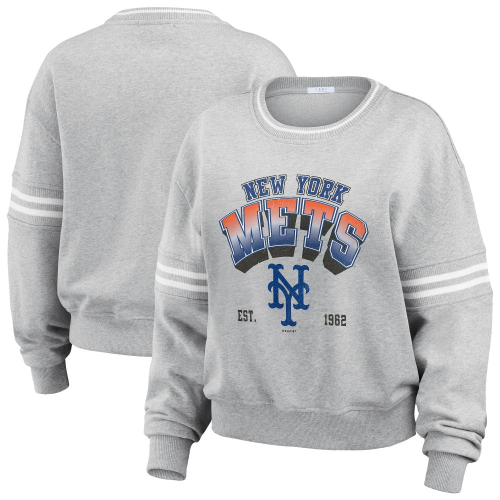 Gray New York Mets WEAR by Erin Andrews Women's Sleeve Stripe Fleece Sweatshirt