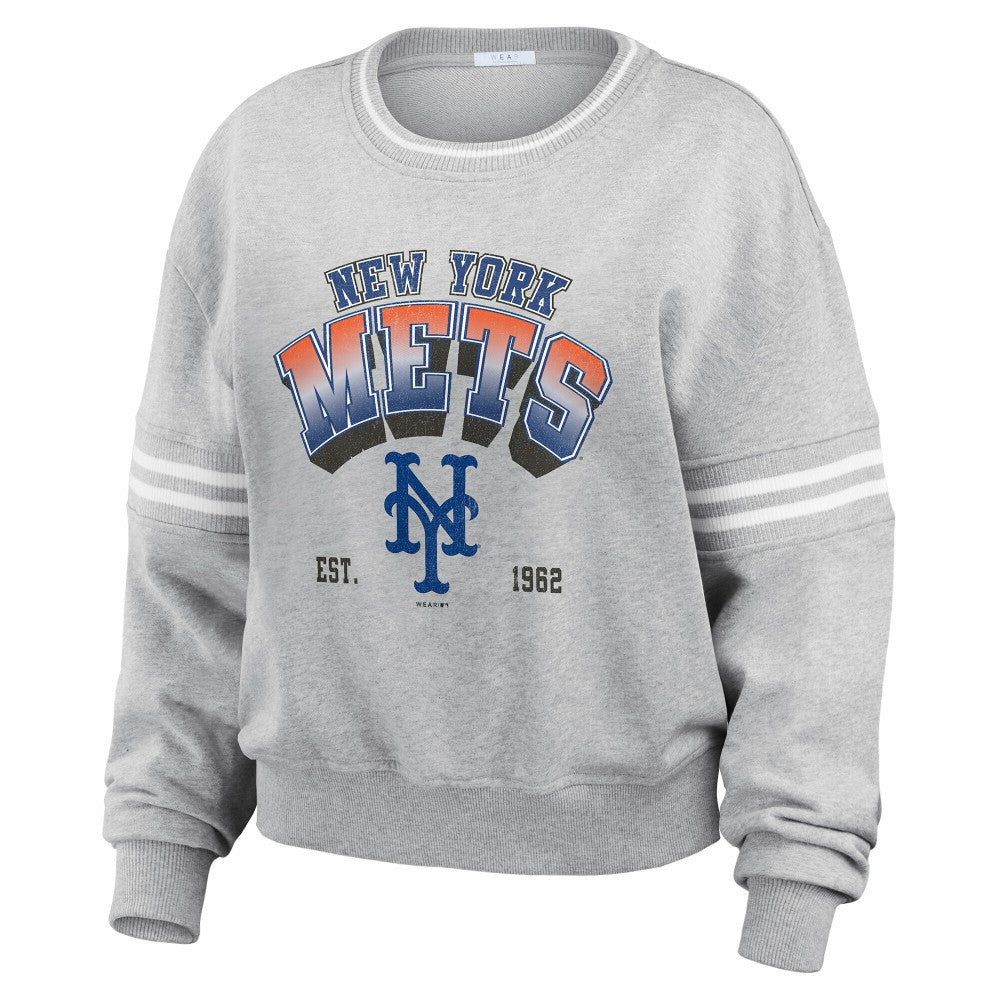 Gray New York Mets WEAR by Erin Andrews Women's Sleeve Stripe Fleece Sweatshirt