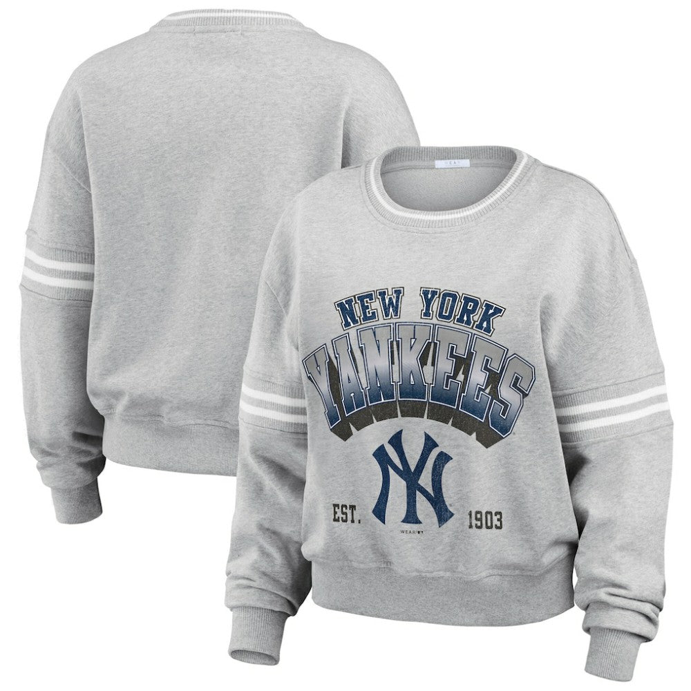 Gray New York Yankees WEAR by Erin Andrews Women's Sleeve Stripe Fleece Crewneck Sweatshirt