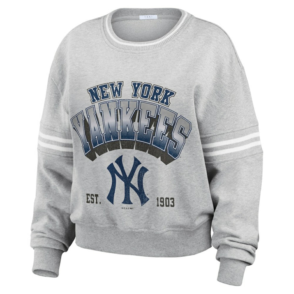 Gray New York Yankees WEAR by Erin Andrews Women's Sleeve Stripe Fleece Crewneck Sweatshirt