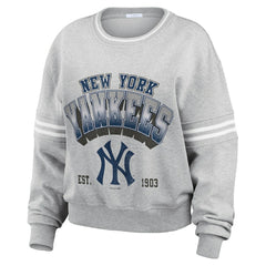 Gray New York Yankees WEAR by Erin Andrews Women's Sleeve Stripe Fleece Crewneck Sweatshirt