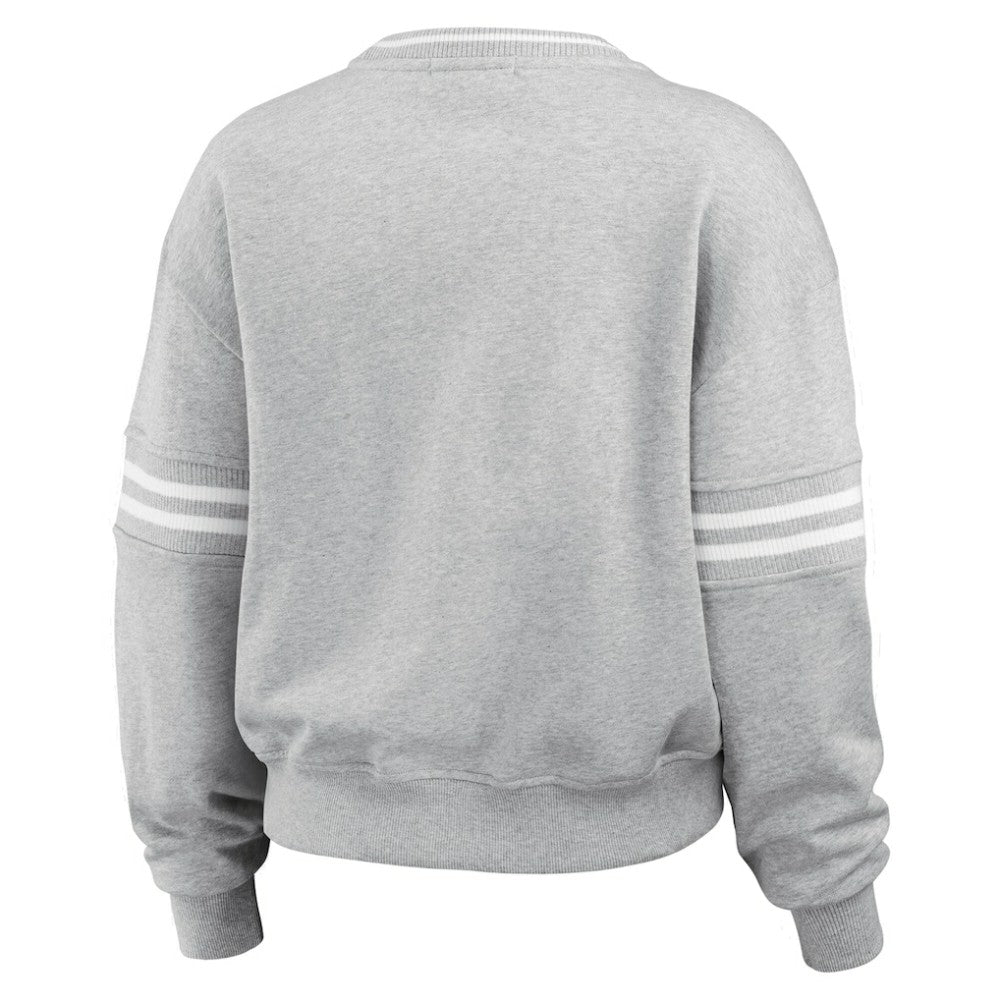 Gray New York Yankees WEAR by Erin Andrews Women's Sleeve Stripe Fleece Crewneck Sweatshirt