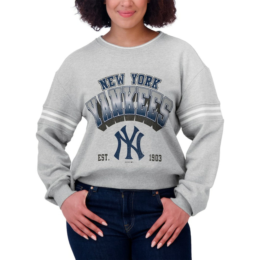 Gray New York Yankees WEAR by Erin Andrews Women's Sleeve Stripe Fleece Crewneck Sweatshirt