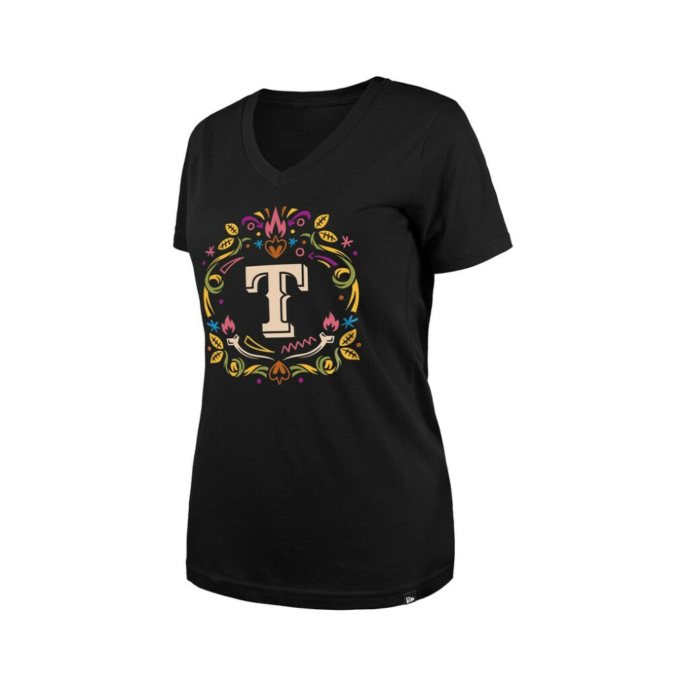 Black Texas Rangers New Era Women's Día de los Muertos V-Neck T-Shirt