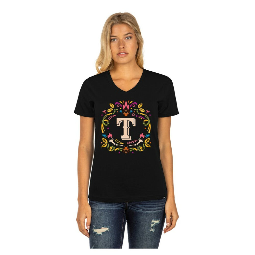 Black Texas Rangers New Era Women's Día de los Muertos V-Neck T-Shirt