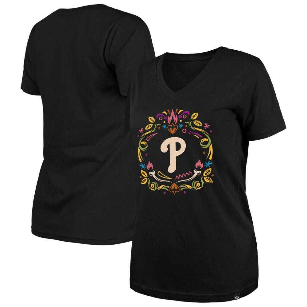 Black Philadelphia Phillies New Era Women's Día de los Muertos V-Neck T-Shirt