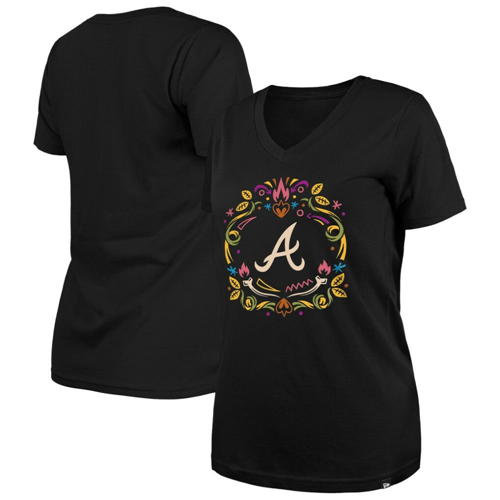 Black Atlanta Braves New Era Women's Día de los Muertos V-Neck T-Shirt