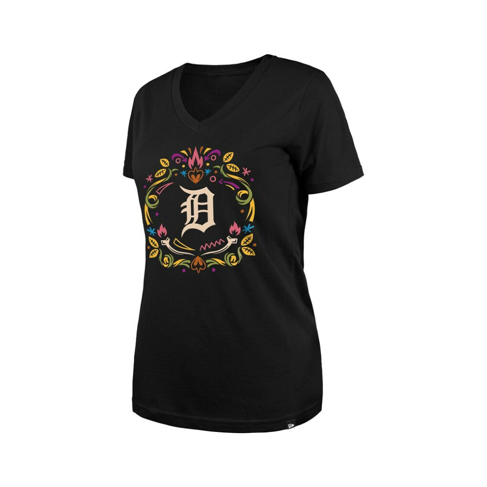 Black Detroit Tigers New Era Women's Día de los Muertos V-Neck T-Shirt