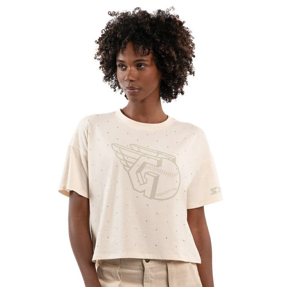 Cream Cleveland Guardians Starter Women's Rhinestone Sprinkle Boxy Cropped T-Shirt
