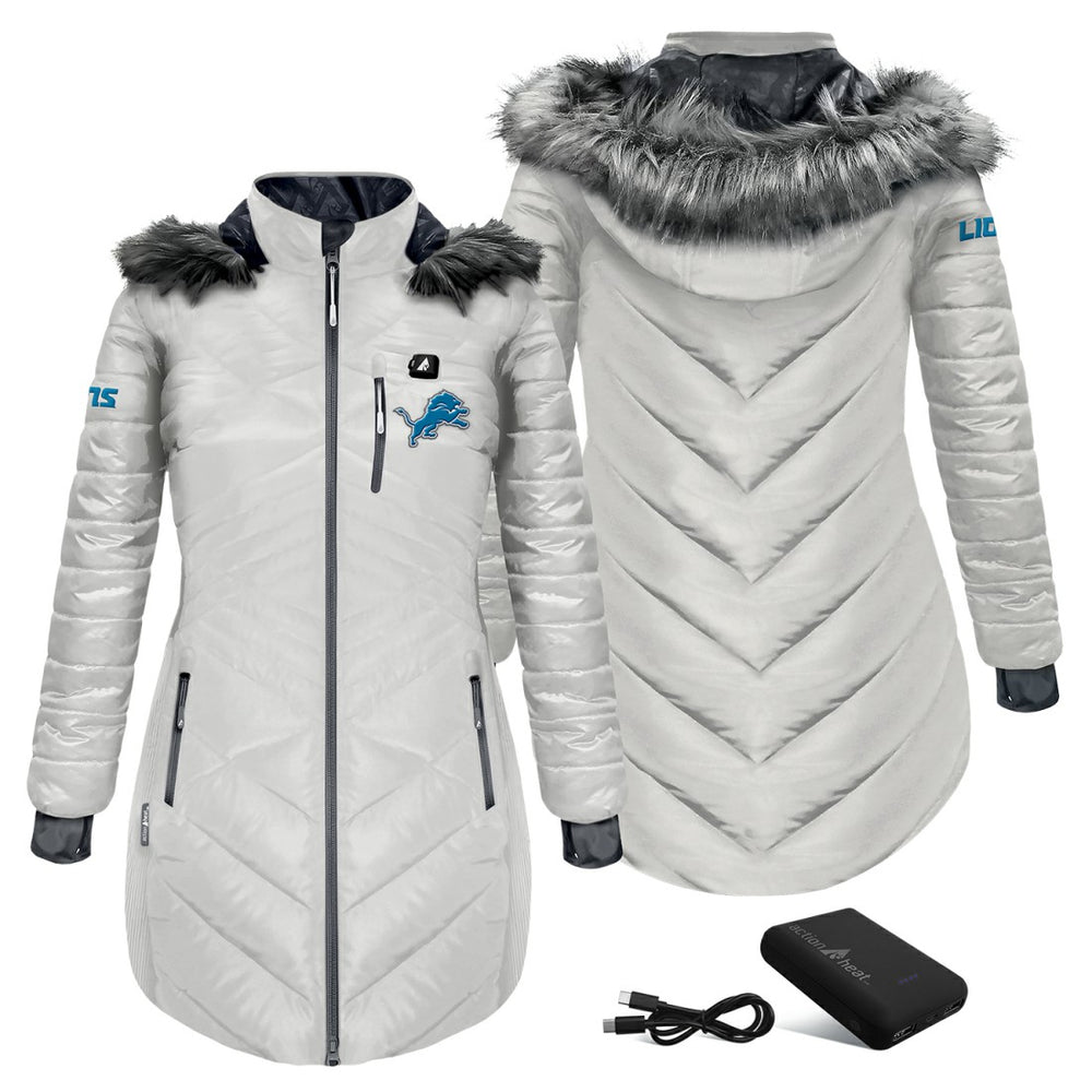 ActionHeat Women's 5V Battery Heated Long Puffer Full-Zip Hoodie Jacket - Detroit Lions Hoodies