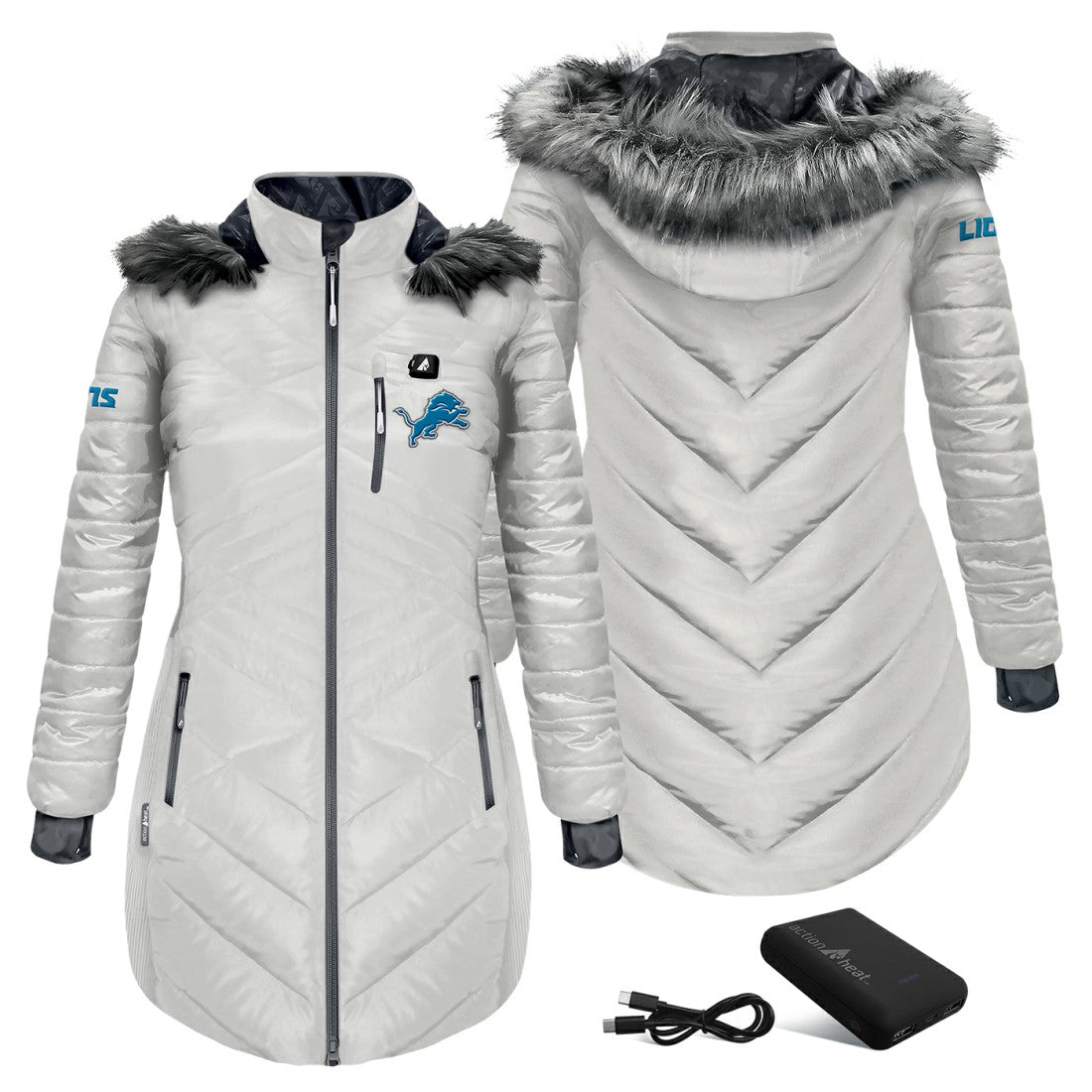 ActionHeat Women's 5V Battery Heated Long Puffer Full-Zip Hoodie Jacket - Detroit Lions Hoodies
