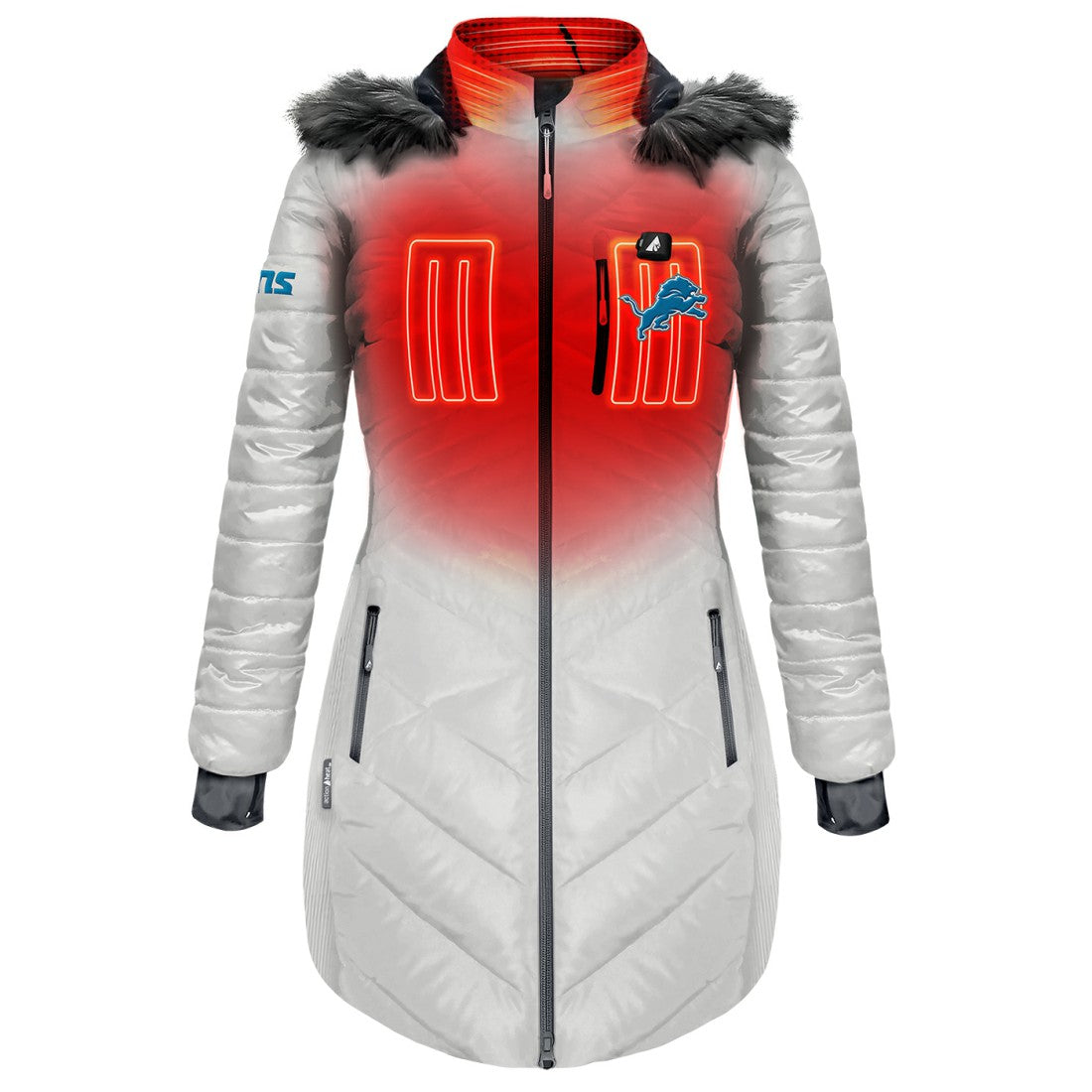 ActionHeat Women's 5V Battery Heated Long Puffer Full-Zip Hoodie Jacket - Detroit Lions Hoodies