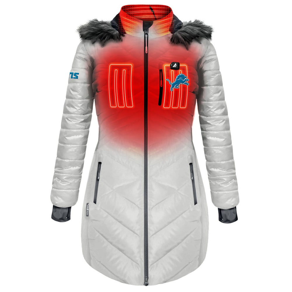 ActionHeat Women's 5V Battery Heated Long Puffer Full-Zip Hoodie Jacket - Detroit Lions Hoodies