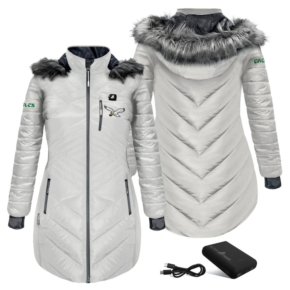 ActionHeat Women's 5V Battery Heated Long Puffer Full-Zip Hoodie Jacket - Philadelphia Eagles Hoodies