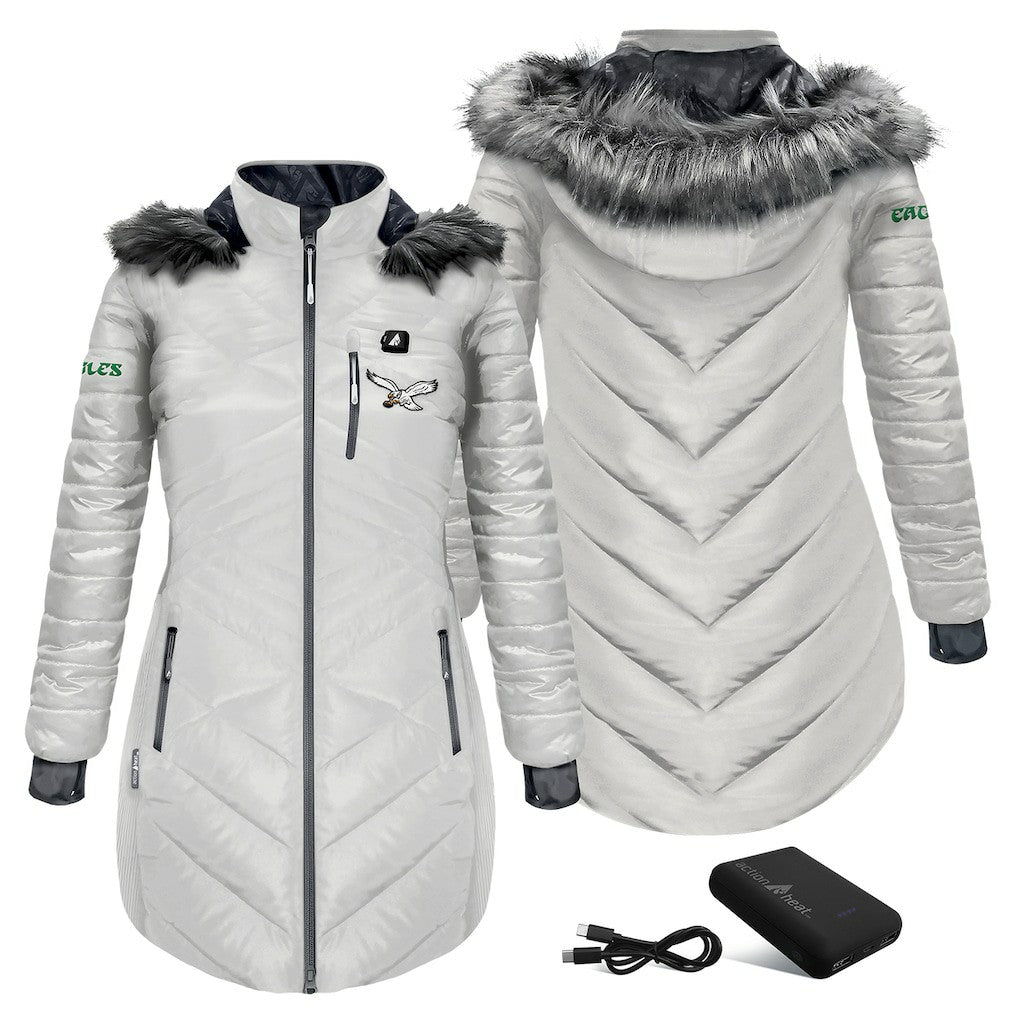 ActionHeat Women's 5V Battery Heated Long Puffer Full-Zip Hoodie Jacket - Philadelphia Eagles Hoodies