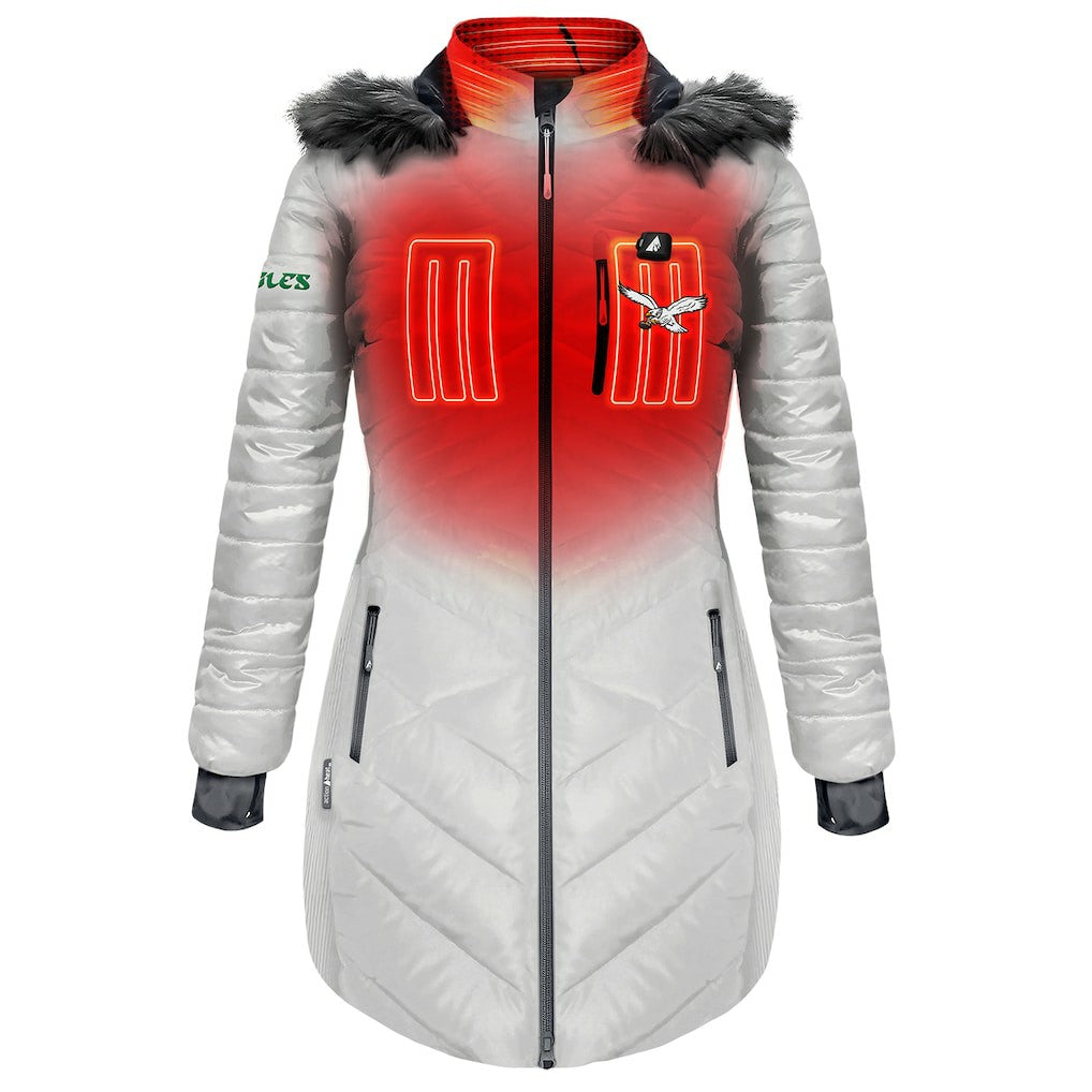 ActionHeat Women's 5V Battery Heated Long Puffer Full-Zip Hoodie Jacket - Philadelphia Eagles Hoodies