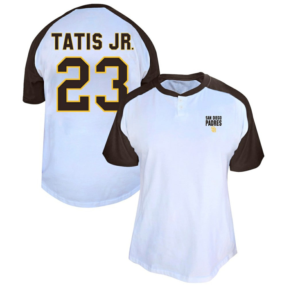 White Fernando Tatis Jr. San Diego Padres Profile Women's Plus Size Name & Number Raglan Henley T-Shirt