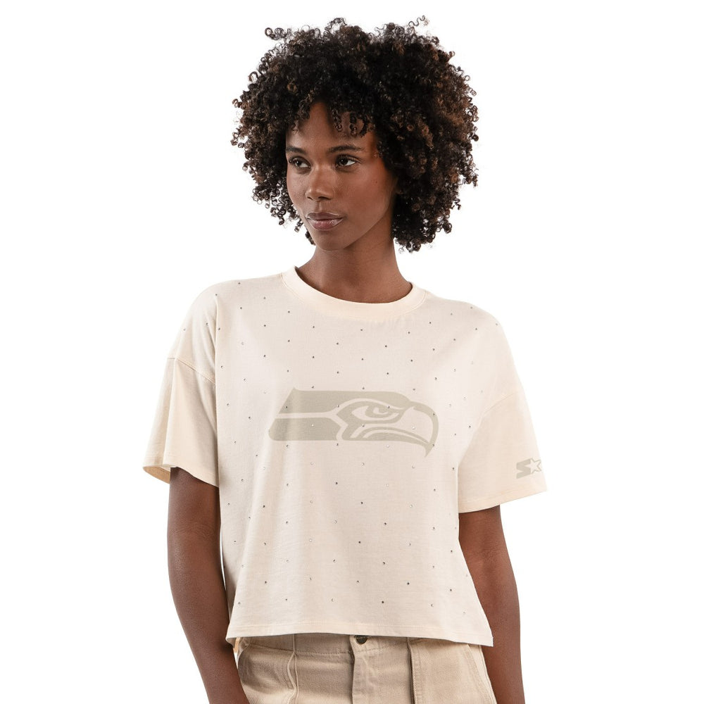 Starter Women's Rhinestone Sprinkle Boxy Cropped T-Shirt - Seattle Seahawks T-shirts