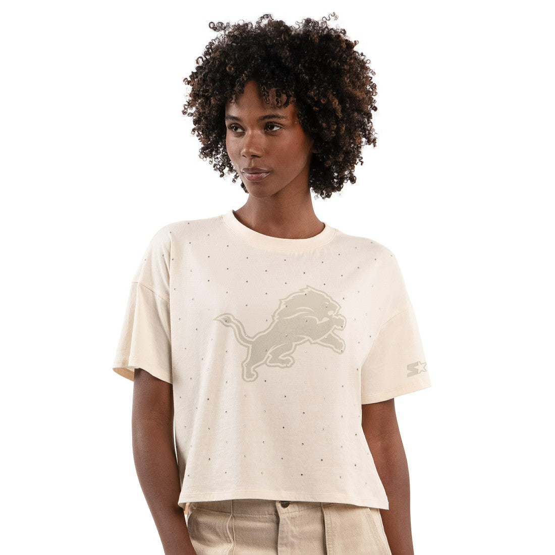 Starter Women's Rhinestone Sprinkle Boxy Cropped T-Shirt - Detroit Lions T-shirts