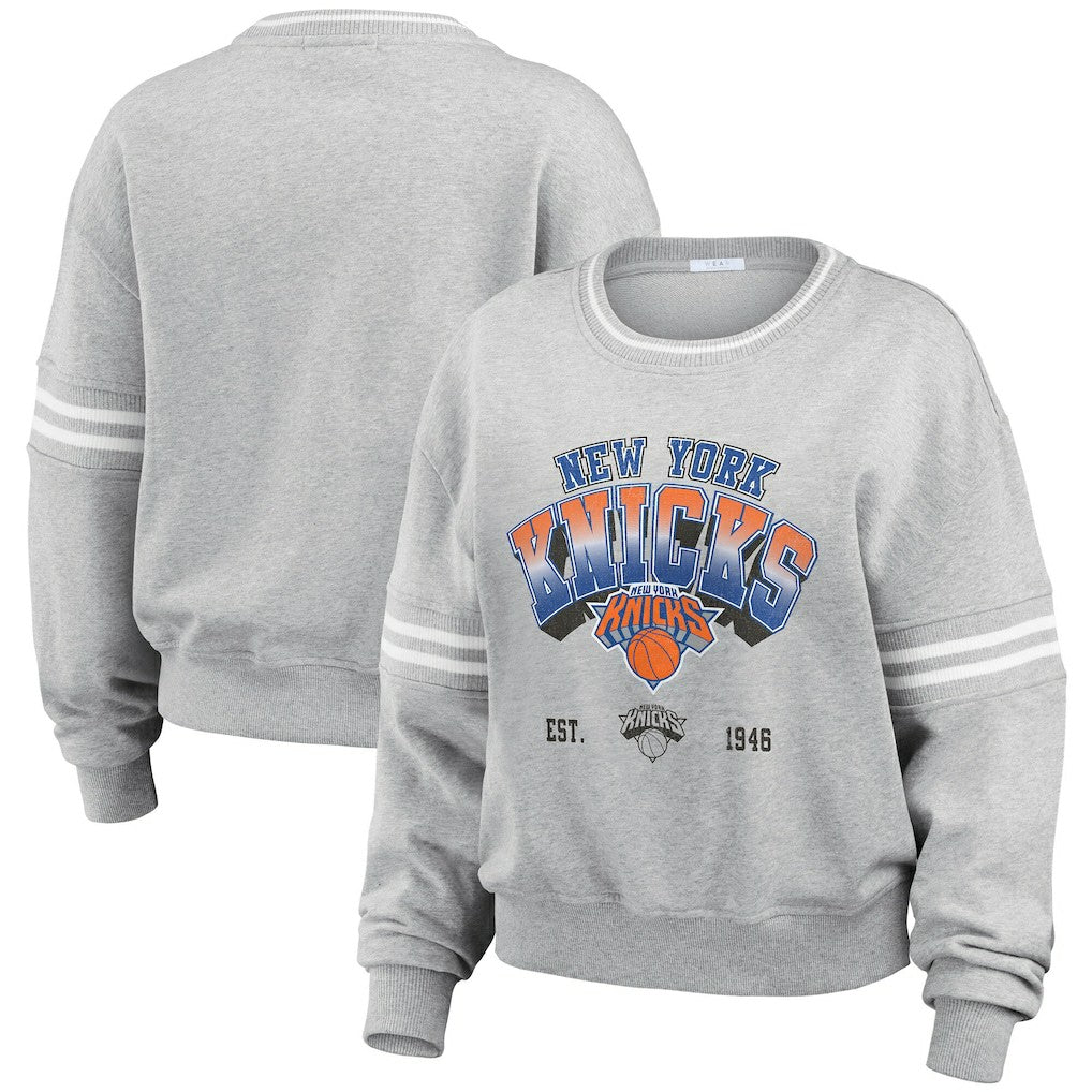 New York Knicks WEAR by Erin Andrews Women's Sleeve Stripe Fleece Crewneck Sweatshirt