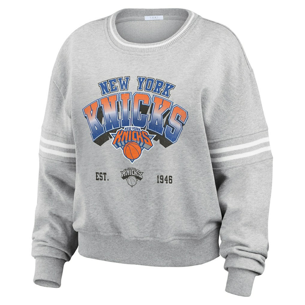 New York Knicks WEAR by Erin Andrews Women's Sleeve Stripe Fleece Crewneck Sweatshirt