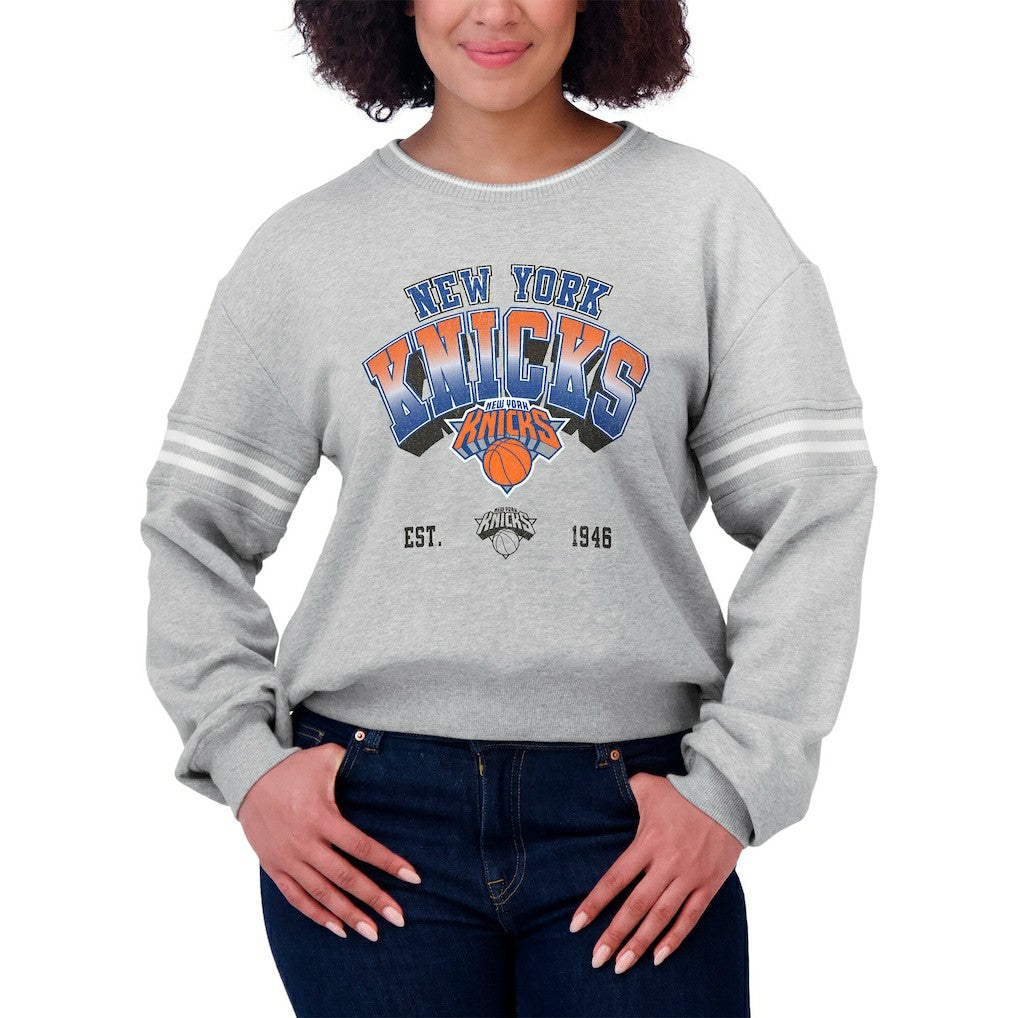 New York Knicks WEAR by Erin Andrews Women's Sleeve Stripe Fleece Crewneck Sweatshirt