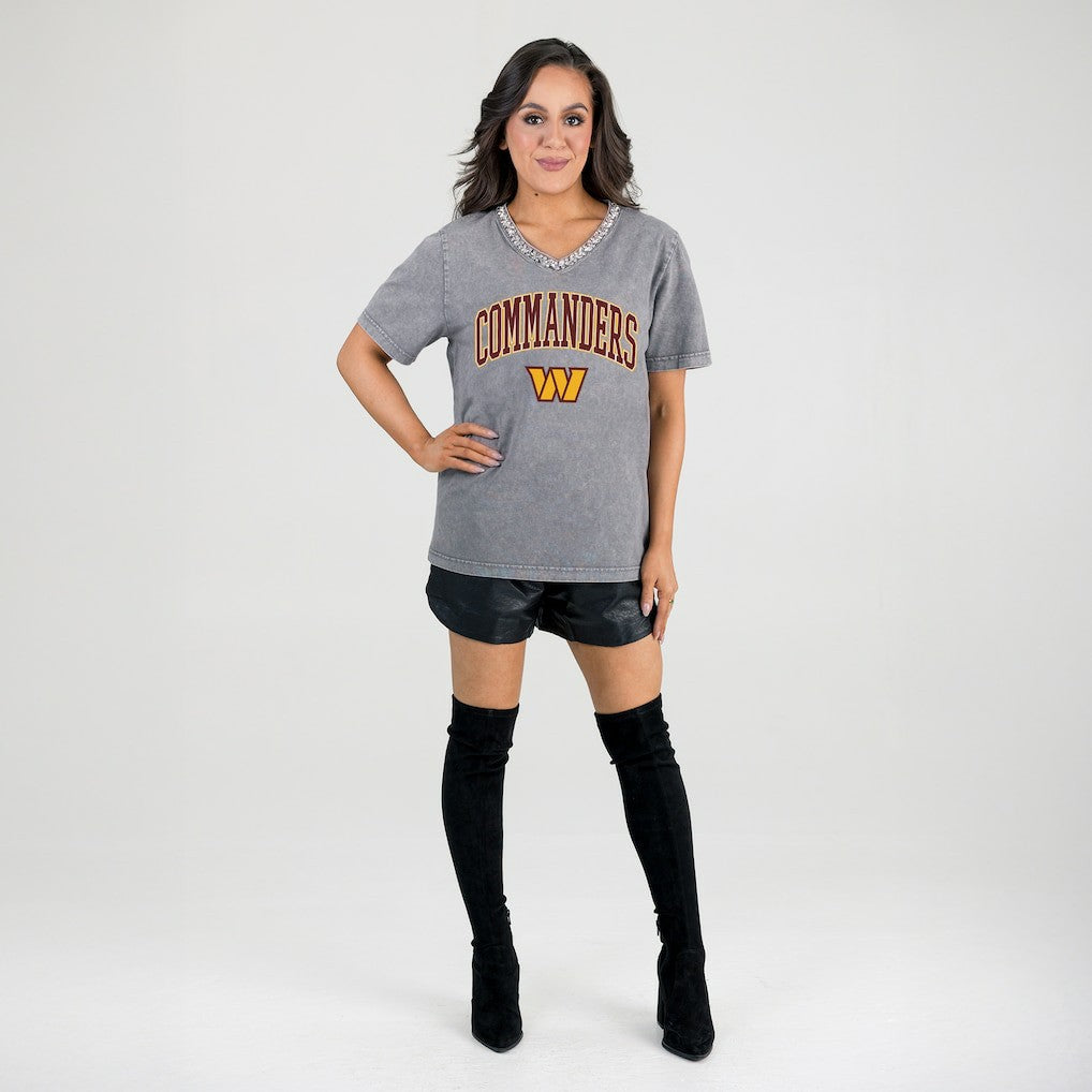 Gameday Couture Women's Relaxed Iconic Edge Rhinestone V-Neck T-Shirt - Washington Commanders T-shirts