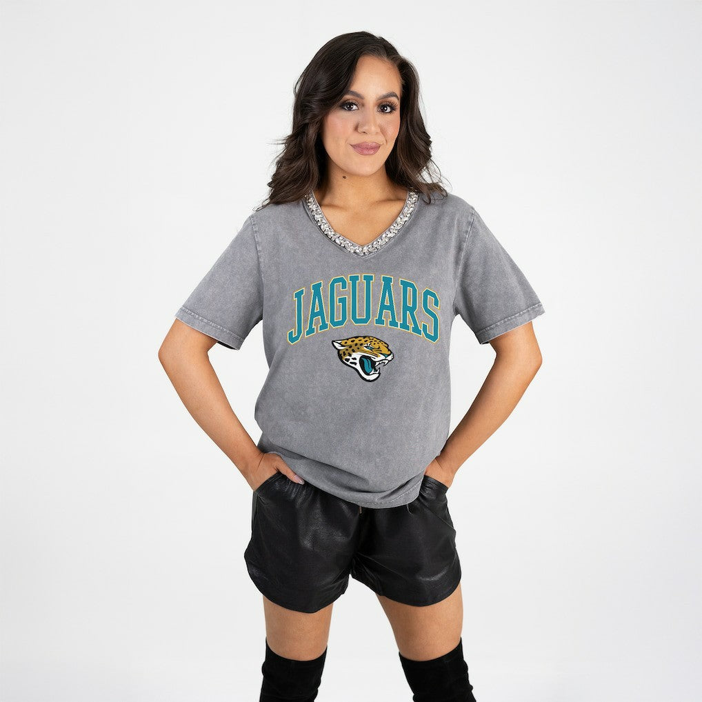 Gameday Couture Women's Relaxed Iconic Edge Rhinestone V-Neck T-Shirt - Jacksonville Jaguars T-shirts