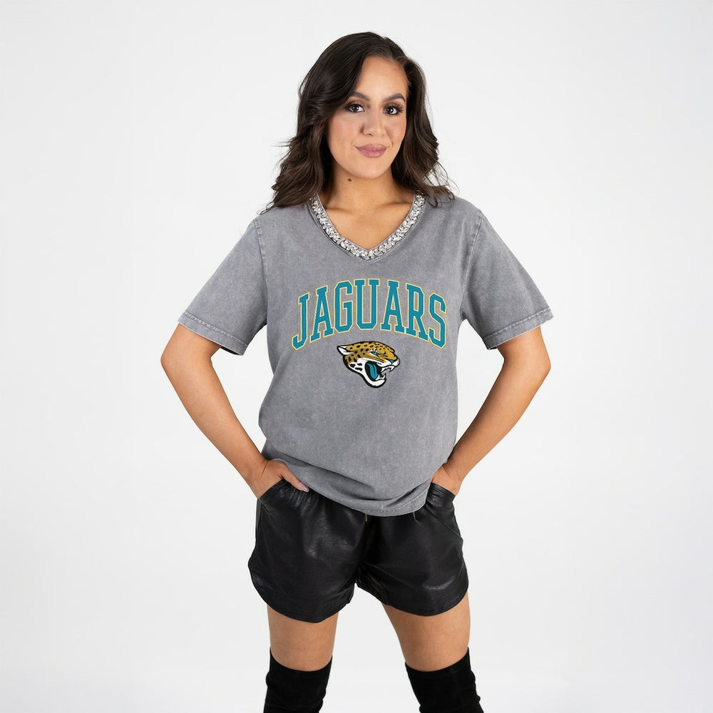 Gameday Couture Women's Relaxed Iconic Edge Rhinestone V-Neck T-Shirt - Jacksonville Jaguars T-shirts